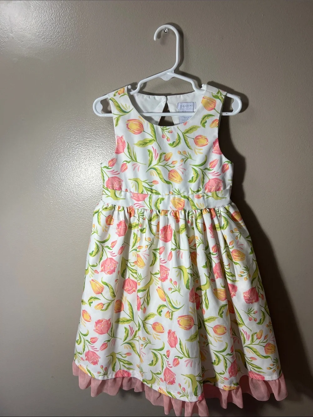 Tahari White Floral Dress with Pink & Yellow Blossoms